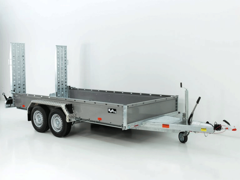 Reboque Porta-Máquinas Vezeko BA – 190 × 390 cm – 3,5 t – Rampas Giratórias – Cinzento