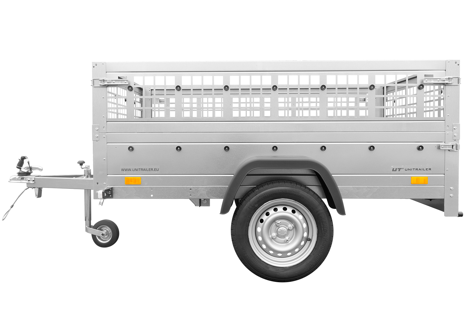 Reboque Basculante UNITRAILER 200 × 125 cm com Laterais de Rede e Roda Jockey