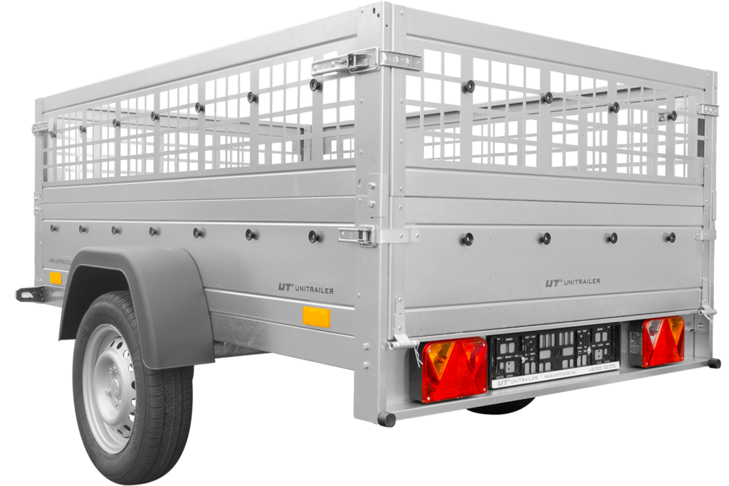 Reboque Basculante UNITRAILER 200 × 125 cm com Laterais de Rede e Roda Jockey