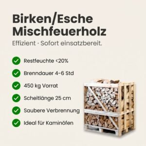 Halbe palette kammergetrocknetes gespalten Birken/Esche Brennholz mischfeuerholz 25cm
